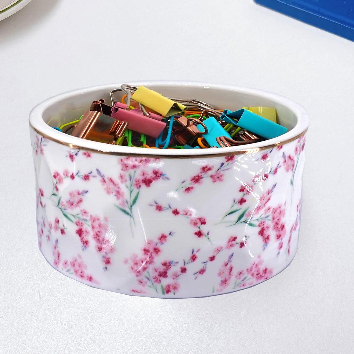 Paper Clip Holder Ceramic Paper Clip Holders Floral Paperclips Holder Dispenser Cute Gold Line Paper Clip Organizer for Desk Binder Clip Holder Bobby Pin Hair Clip Holder Gift for Office Pink Flowers