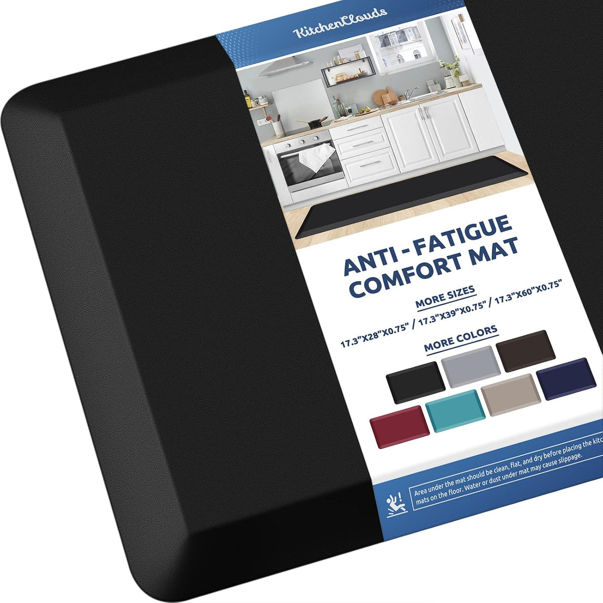 KitchenClouds Kitchen Mat Cushioned Anti Fatigue Rug 17.3"x28" Water Resistant, Non Slip, Standing and Comfort Desk/Floor Mats for House Sink Office (Black)