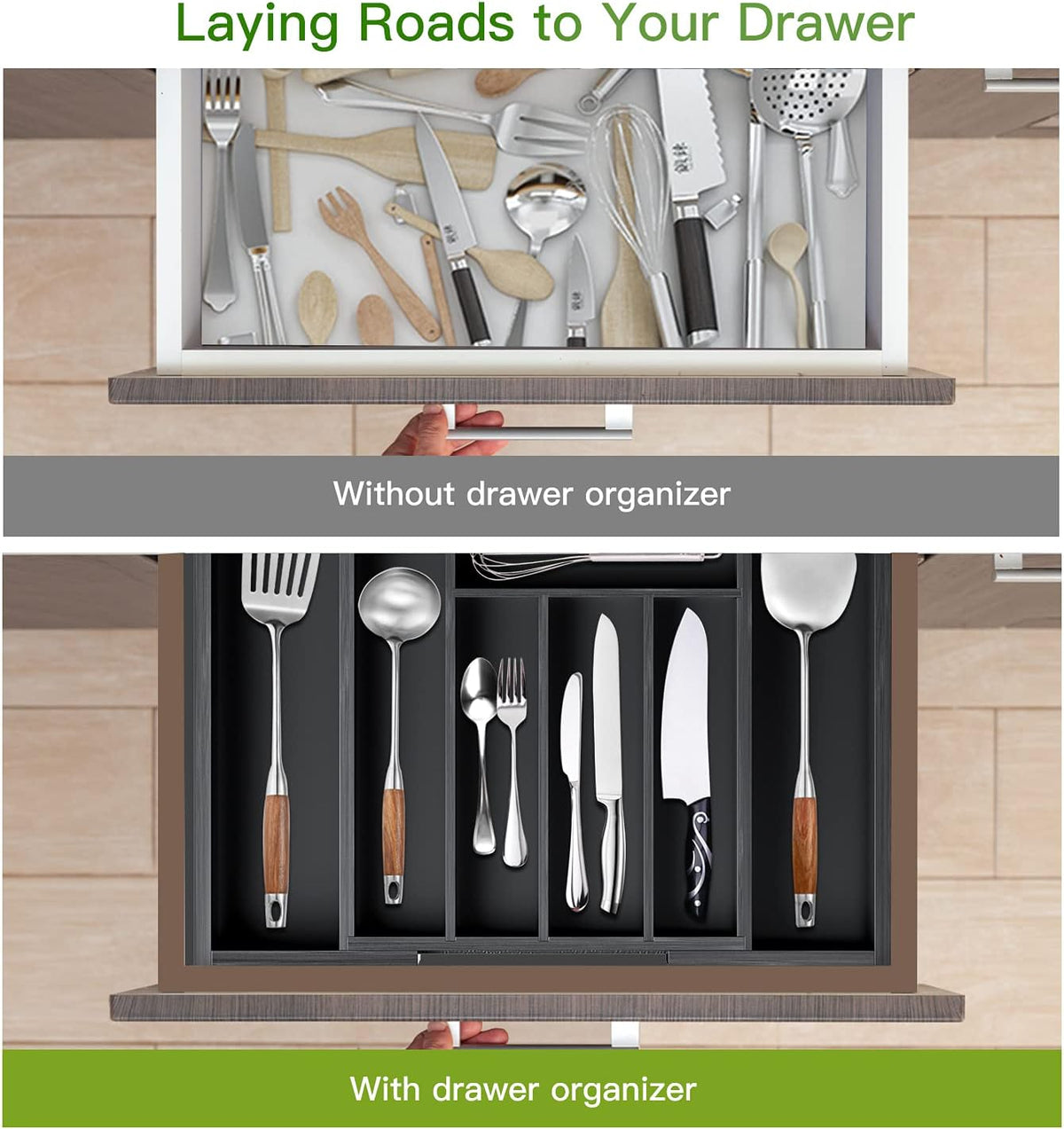 Pipishell Bamboo Expandable Silverware Drawer Organizer, Adjustable Kitchen Utensil Tray for Forks, Spoons and Knives, Wood Storage Cutlery Holder for Bedroom and Living Room