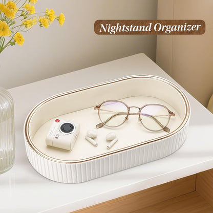 GORESE PU Leather Perfume Tray Nightstand Organizer, Small Oval Desk Tray Jewelry Trinket Trays Valet Organizer Key Bowl for Entryway Dresser Bathroom, Catchall Trays for Men Women, 11×5.9 in, Beige