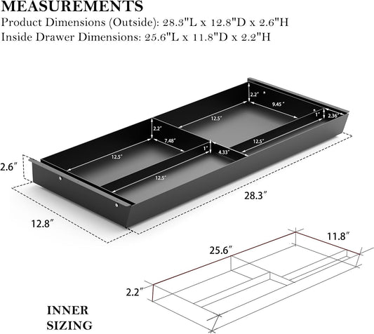 Under Desk Drawer 28.3" Wide, 60° Ergonomic Tilt Organizer with Multi-Compartment – Ball Bearing Slides, Fully Assembled, Under Desk Storage for Home Office Supplies