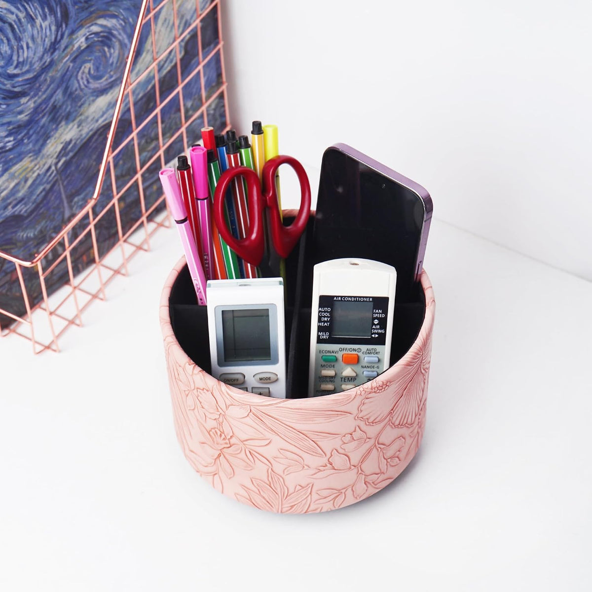Round Leather Art Supply Organizer,Remote Control Holder,360 Degree Rotating,Multi-Functional Pencil Holder,4 Compartments Desktop Stationary Organizer(1-Blue Bird) - Colors C