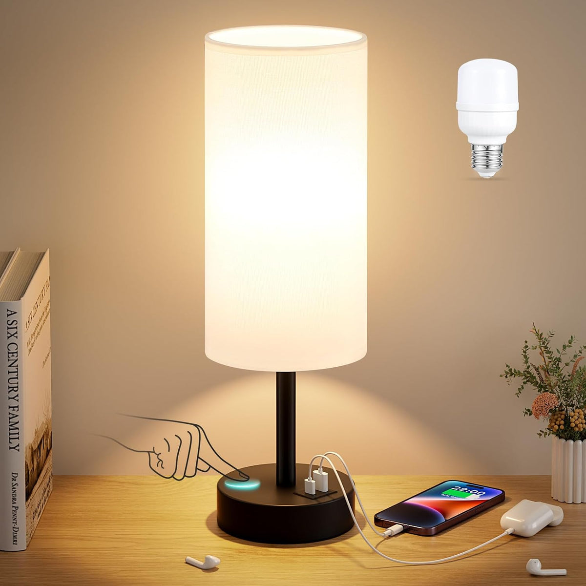 Dicoool Bedside Table Lamp for Bedroom - 3-Way Dimmable Touch Lamp, USB A+C