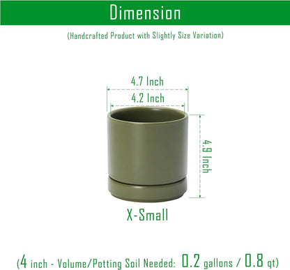 D'vine Dev 4.7 Inch Ceramic Planter Pot with Drainage Hole and Saucer, Indoor Cylinder Round Planter Pot, Teal, 94-O-B-9