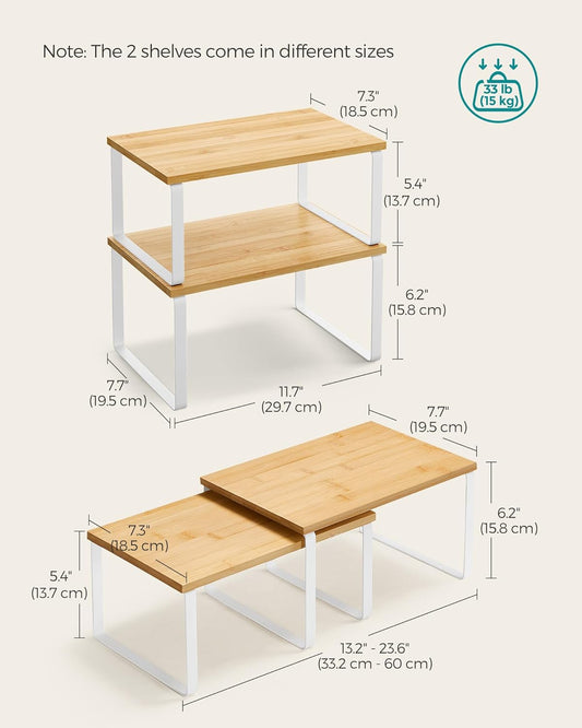 SONGMICS Cabinet Organizer Shelf, Set of 4 Kitchen Counter Shelves, Kitchen Storage, Spice Rack, Stackable, Expandable, Metal and Engineered Wood, Cloud White and Natural Beige UKCS010N01