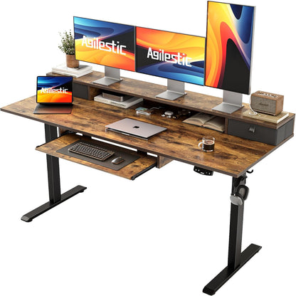 48 * 24 Inch Electric Standing Desk with Shelf & Led, Dark Walnut