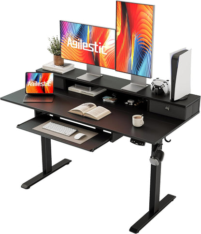 48 * 24 Inch Electric Standing Desk with Shelf & Led, Dark Walnut
