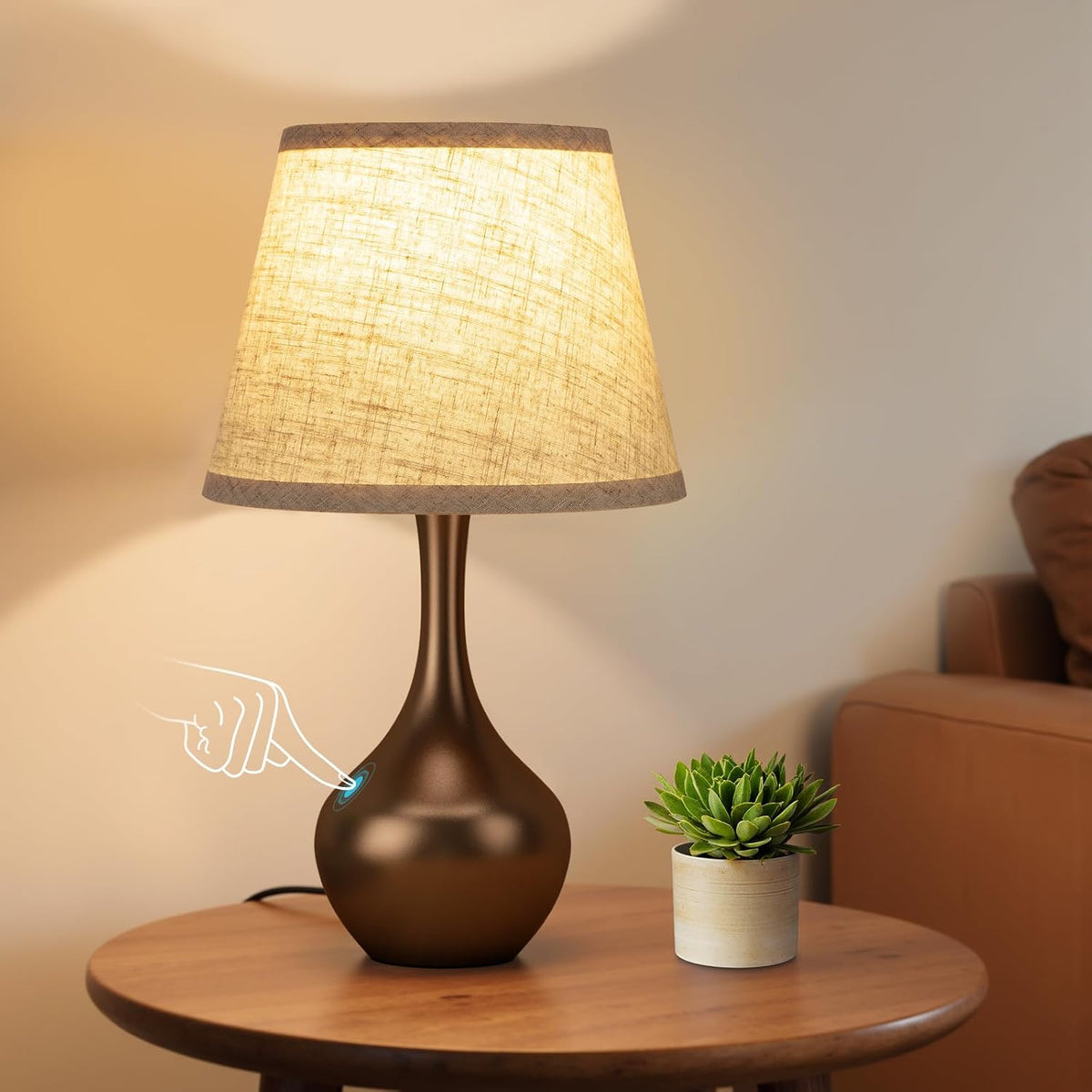 Seealle Touch Table Lamp for Bedroom, 3-Way Dimmable Small Bedside Lamps for Night Stands with Wires, Wood-Paint Desk Lamp for Kids Room, Office, Living Room, End Table(LED Bulb Included)