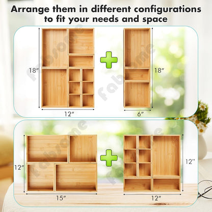 Fabsome Drawer Organizer, Set of 9 Bamboo Wood Kitchen Makeup Desk Junk Tea Drawer Storage Boxes Bins for Cutlery Silverware Utensils Flatware, Small Wooden Container Tray for Bathroom, Office
