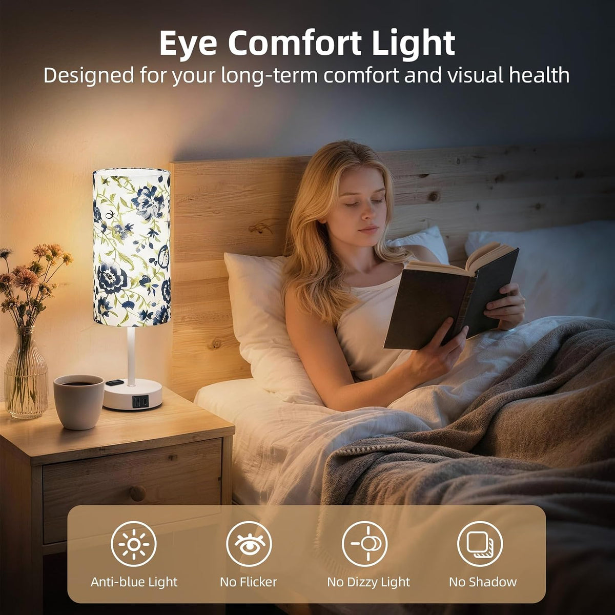 Table Lamp for Nightstand, High-Sensitivity Touch, 3-Level Dimmable Bedside Lamp with AC Outlet | USB | and USB-C, Ideal Night Stand Lamp for Bedroom, Reading, Living Room(Warm&Wooden)