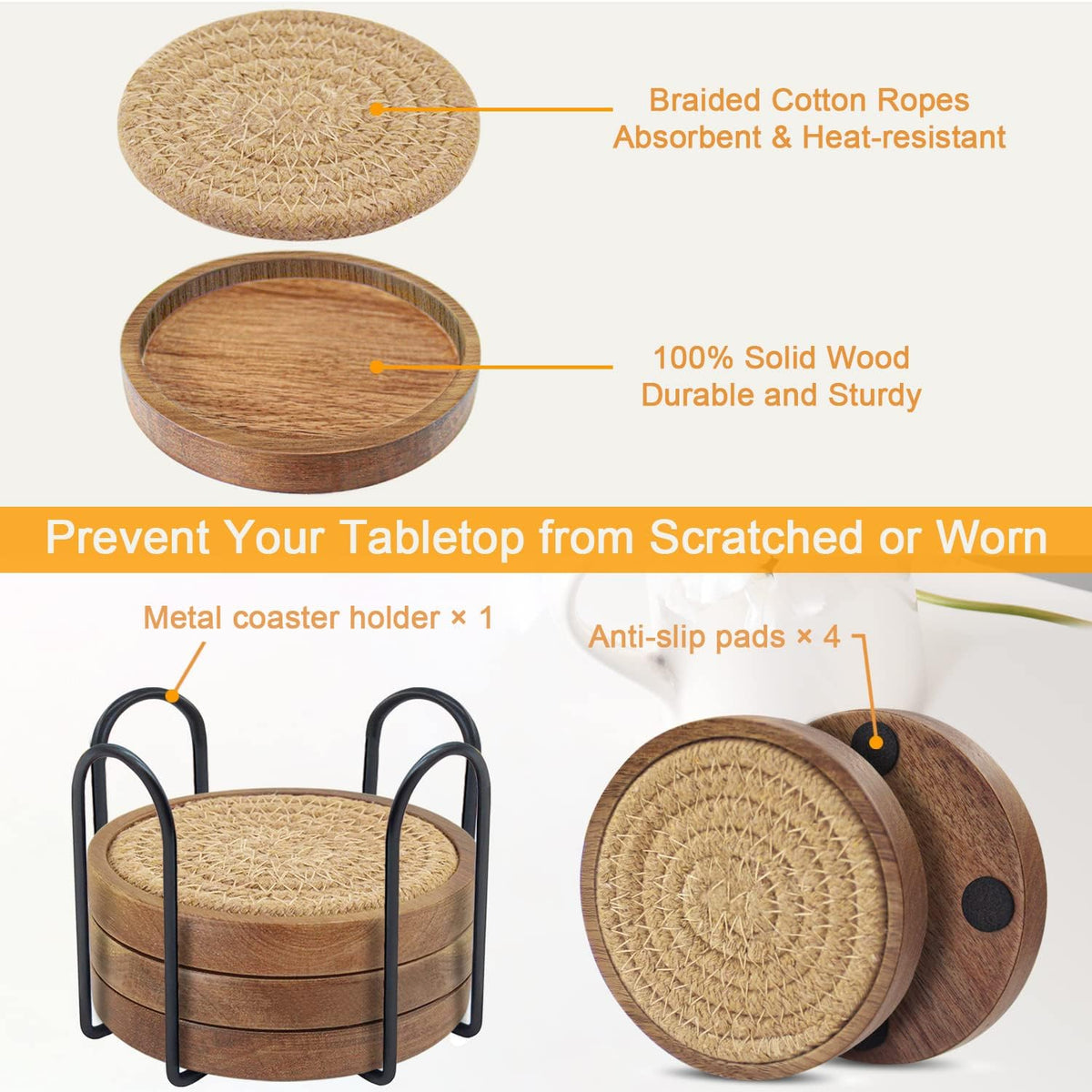 Wood Coasters for Drinks, Eykao Absorbent Coaster Sets of 5, Woven Drink Coasters for Coffee Table, Housewarming Gift for Farmhouse Home Decor,4 inches
