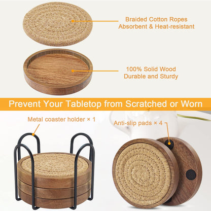 Wood Coasters for Drinks, Eykao Absorbent Coaster Sets of 5, Woven Drink Coasters for Coffee Table, Housewarming Gift for Farmhouse Home Decor,4 inches