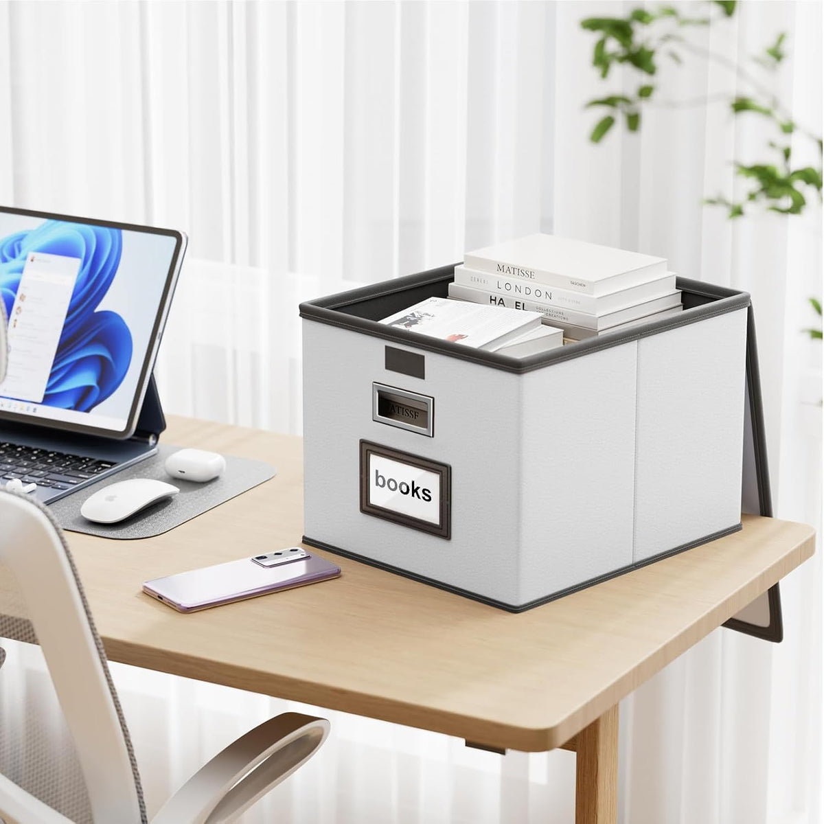 Upgraded Portable File Organizer Box with Lid, Collapsible Linen Hanging Filing Storage Boxes with Plastic Slides, Decorative Home/Office Filing System Box for File and Folders Storage (Gray)