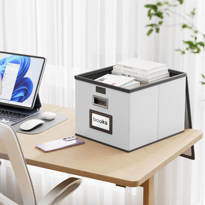 Upgraded Portable File Organizer Box with Lid, Collapsible Linen Hanging Filing Storage Boxes with Plastic Slides, Decorative Home/Office Filing System Box for File and Folders Storage (Gray)