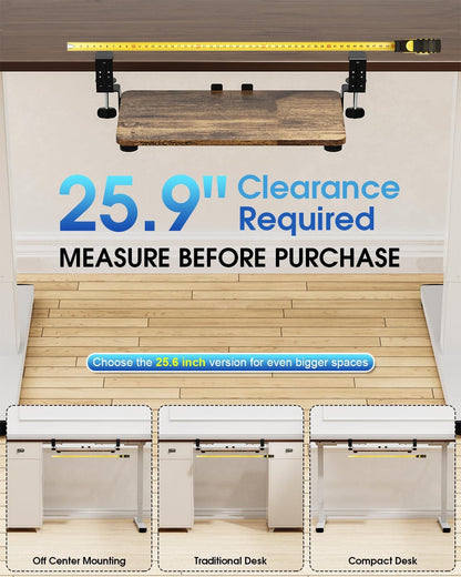 Small Keyboard Tray Under Desk, Pull Out Keyboard & Mouse Tray with Adjustable C-clamp, 20(25.9 Including Clamps) x 11.8 Inch Slide Out Computer Keyboard Drawer Mouse Tray for Typing, Walnut