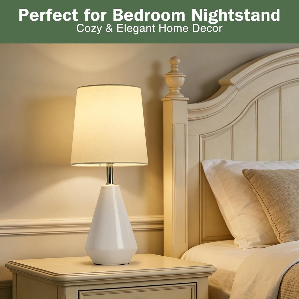 Small Bedside Table Lamp for Bedroom - Reading Desk Lamp with 3 Color Temperatures，15.5" Nightstand Ceramic Lamp with Fabric Shade for Kids Room,Living Room,Dorm,Home Office (Green)