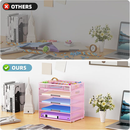 Marbrasse 5 Tier Paper Organizer Letter Tray, Mesh Desk File Organizer with Handle, Paper Sorter Desk Organizer for Home Office Supplies - Black, Adjustable