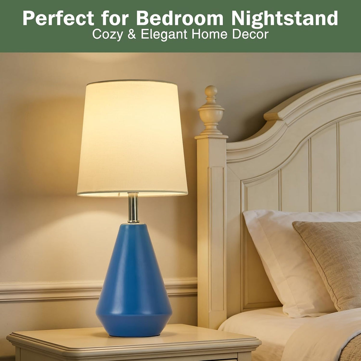 Small Bedside Table Lamp for Bedroom - Reading Desk Lamp with 3 Color Temperatures，15.5" Nightstand Ceramic Lamp with Fabric Shade for Kids Room,Living Room,Dorm,Home Office (Green)