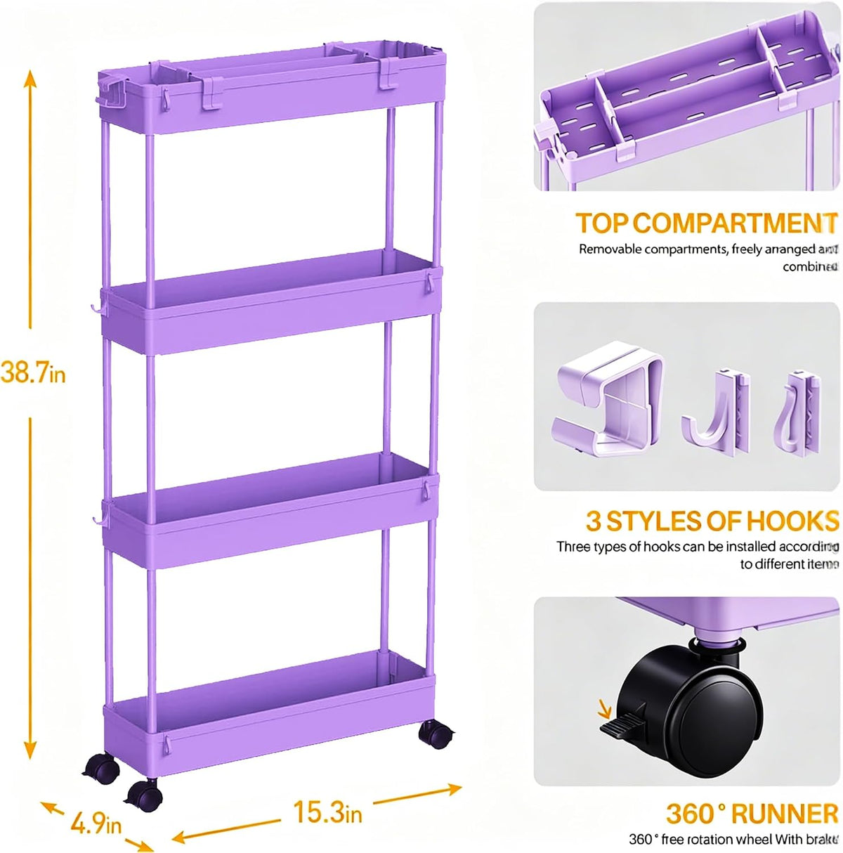 SPACELEAD Slim Storage Cart 4 Tier,Bathroom Organizer Rolling Utility, Mobile Shelving Unit Slide Out for Office, Kitchen, Laundry Room & Narrow Places,White