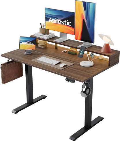 48 * 24 Inch Electric Standing Desk with Shelf & Led, Dark Walnut