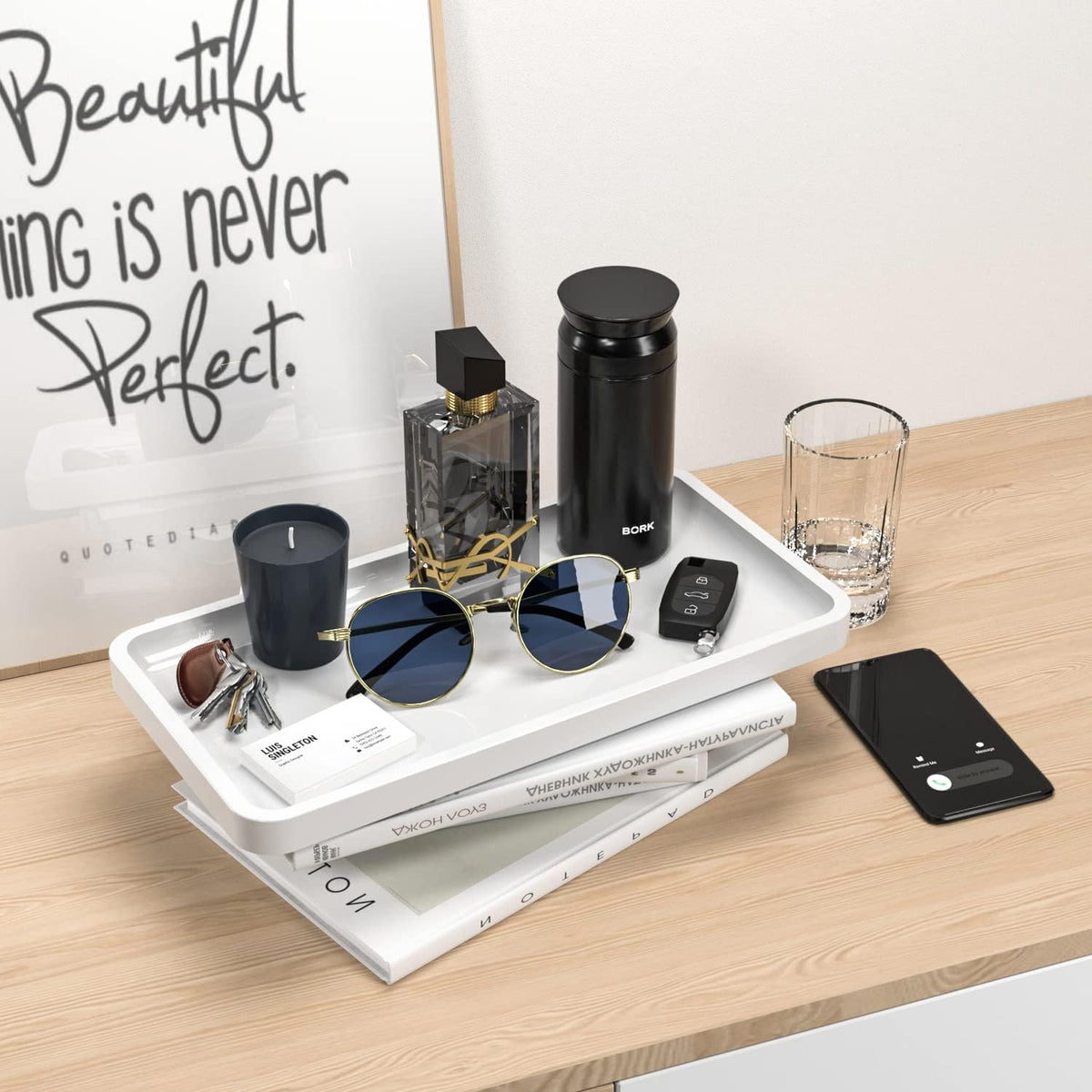 Small Bathroom Vanity Tray for Countertop Makeup Perfume Jewelry Decor Candle Keys, Small Black Kitchen Tray for Soap Dispenser Spice Bamboo Toilet Tray 7.9" L x 4" W x 0.79" H