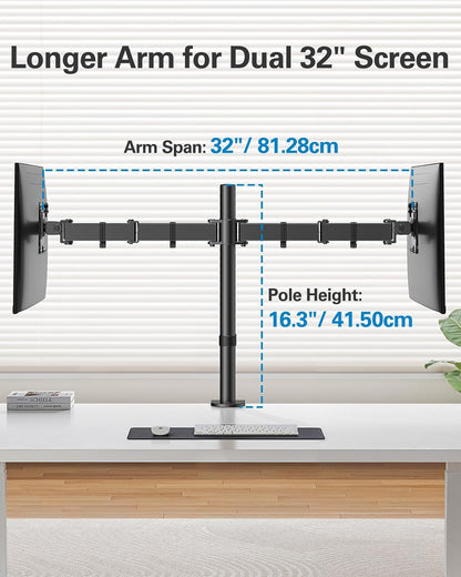HUANUO Dual Monitor Mount up to 32 Inch Screens, Heavy-Duty Steel Dual Monitor Stand, Full Motion Adjustable Arm with Tilt, Swivel, Rotate, Holds up to 17.6 lbs per Arm, VESA 75/100mm