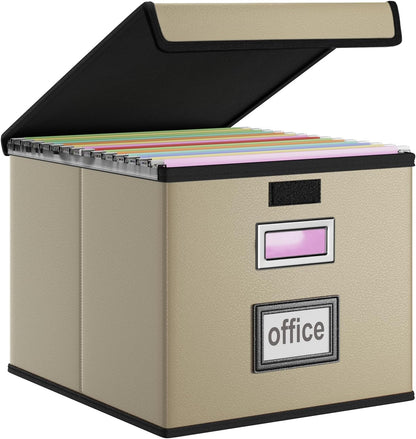 Upgraded Portable File Organizer Box with Lid, Collapsible Linen Hanging Filing Storage Boxes with Plastic Slides, Decorative Home/Office Filing System Box for File and Folders Storage (Gray)