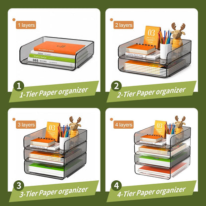 FANXIYQ 4-Tier Acrylic Paper Tray Organizer, Clear Stackable Desk File Organizer for Documents, Files, Letters, A4 Paper, Books, Notes, Mail & Paper Storage, Office Classroom Home