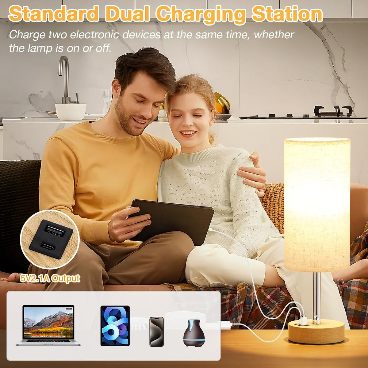 Dicoool Bedside Table Lamp for Bedroom - 3-Way Dimmable Touch Lamp, USB A+C