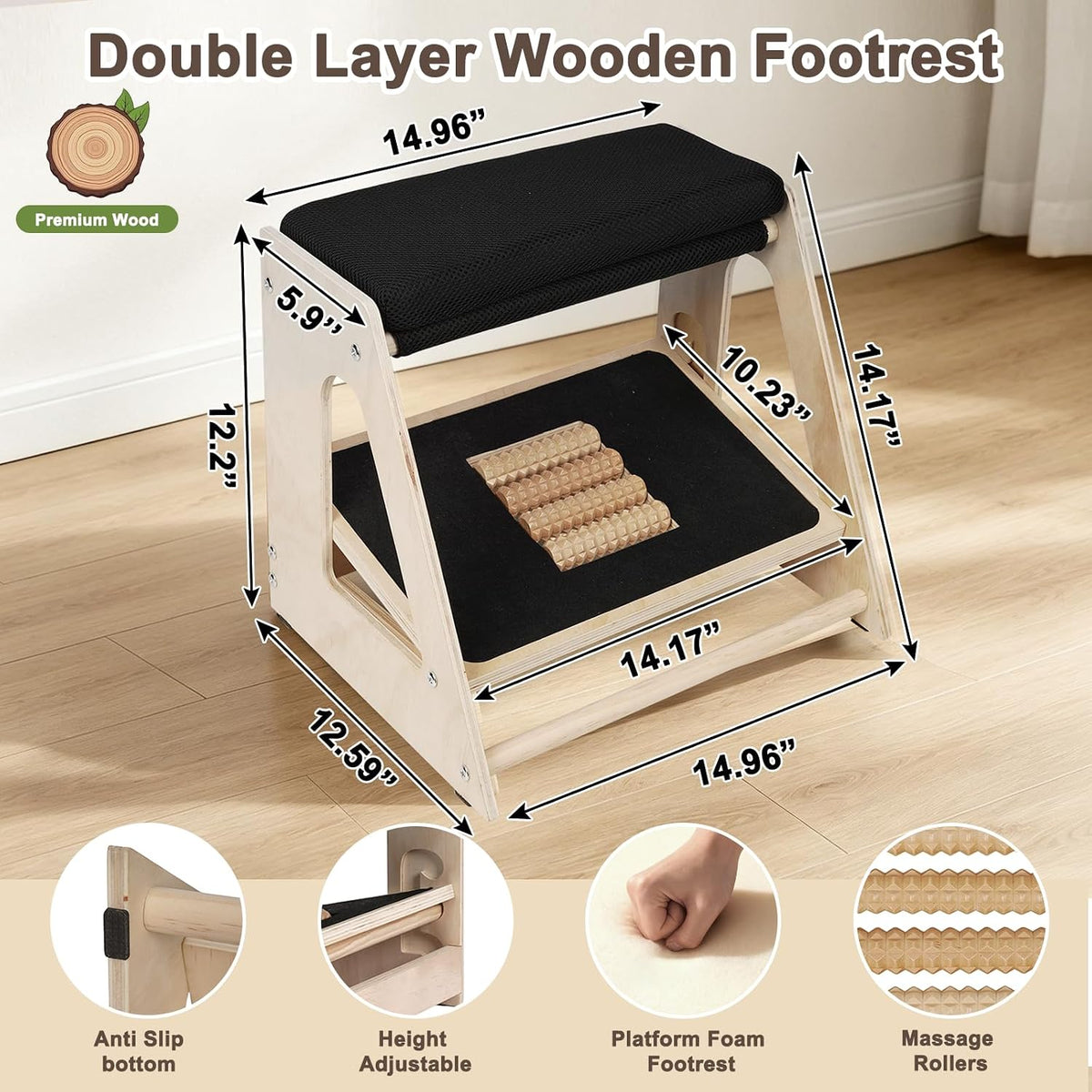 Natheeph Wooden Foot Rest Under Desk at Work – 3-Height Adjustable Ergonomic Foot Stool with Massage Roller on Lower Deck & Foam Upper Pad for Office, Home, Gaming, Non-Slip Base