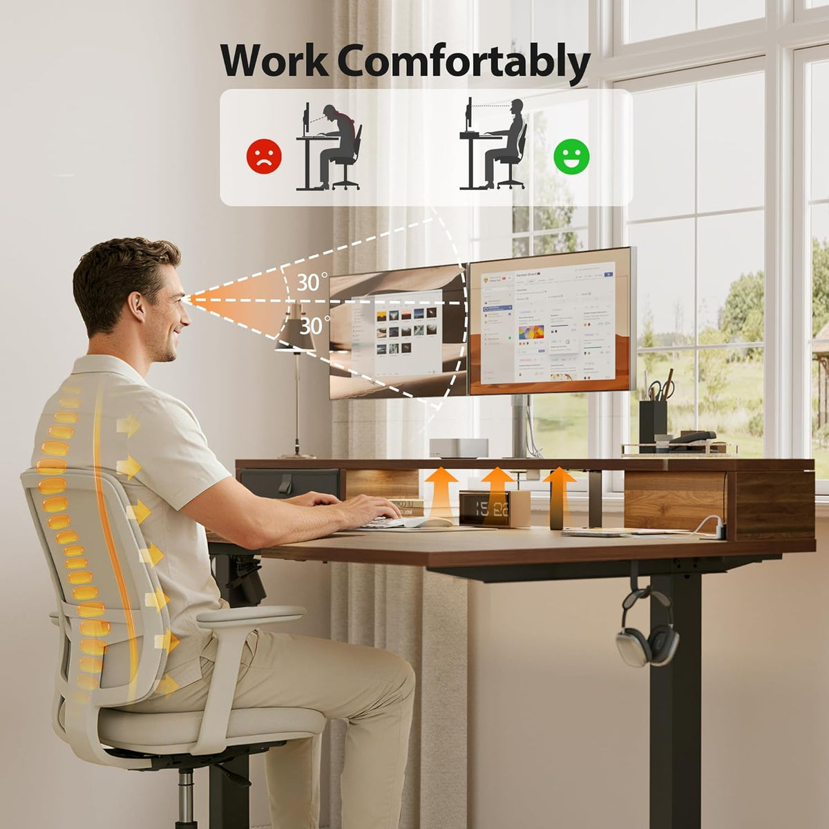 48 * 24 Inch Electric Standing Desk with Shelf & Led, Dark Walnut