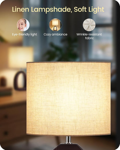 Small Table Lamp, 14.2" Cute Little Desk Lamp, Wood Bedside Lamp with Linen Lampshade, Modern Nightstand Lamp for Bedroom, E26 Base, Bulb Not Included, Beige and Dark Natural LE07TL05