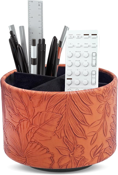 Round Leather Art Supply Organizer,Remote Control Holder,360 Degree Rotating,Multi-Functional Pencil Holder,4 Compartments Desktop Stationary Organizer(1-Blue Bird) - Colors A