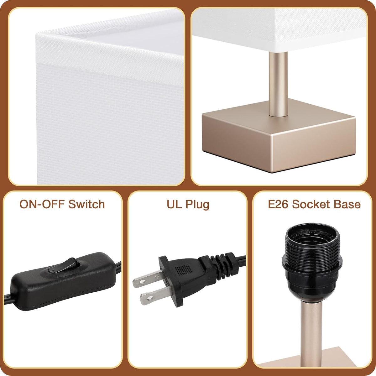 Wood-Grain Small Bedside Lamp for Bedroom - Square Cream Fabric Shade
