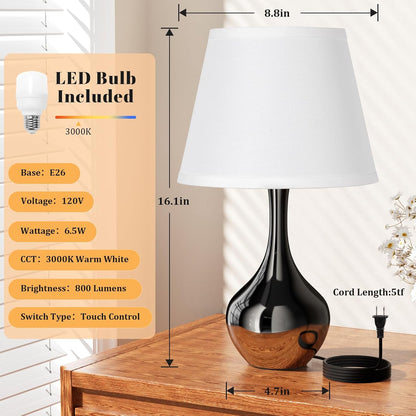 Seealle Touch Table Lamp for Bedroom, 3-Way Dimmable Small Bedside Lamps for Night Stands with Wires, Wood-Paint Desk Lamp for Kids Room, Office, Living Room, End Table(LED Bulb Included)