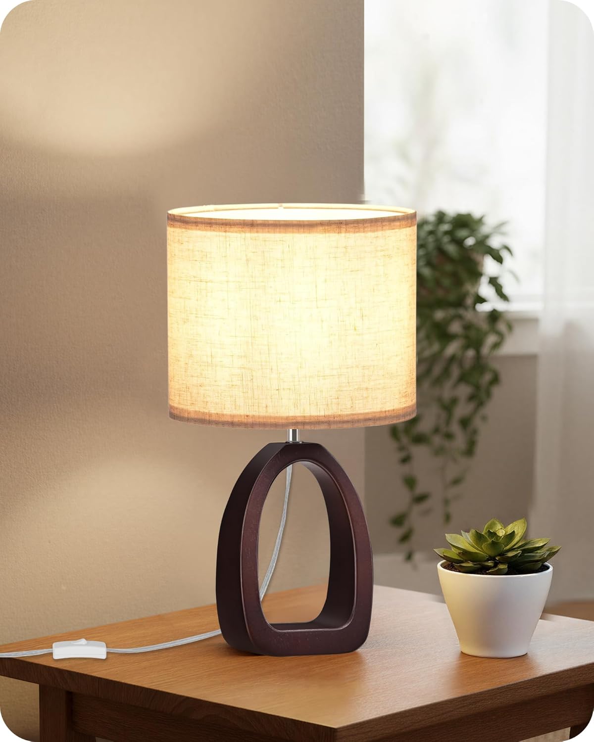 Small Table Lamp, 14.2" Cute Little Desk Lamp, Wood Bedside Lamp with Linen Lampshade, Modern Nightstand Lamp for Bedroom, E26 Base, Bulb Not Included, Beige and Dark Natural LE07TL05