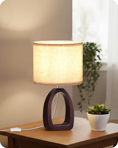 Small Table Lamp, 14.2" Cute Little Desk Lamp, Wood Bedside Lamp with Linen Lampshade, Modern Nightstand Lamp for Bedroom, E26 Base, Bulb Not Included, Beige and Dark Natural LE07TL05