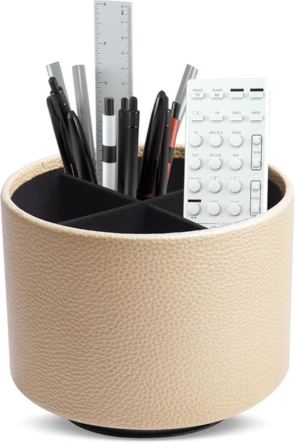 Round Leather Art Supply Organizer,Remote Control Holder,360 Degree Rotating,Multi-Functional Pencil Holder,4 Compartments Desktop Stationary Organizer(1-Blue Bird) - Colors A