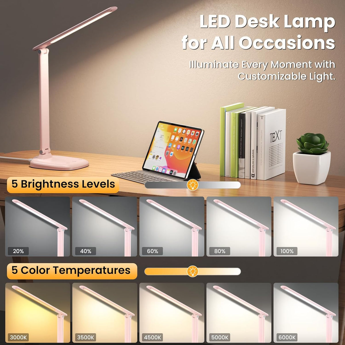 Desk Lamp with Charger, 10%-100% Stepless Dimmable & 5 Color Modes Study Lamp, Touch Control, 30-/60-minute Timer, USB Charging Output Port, CRI≥90, Eye-Caring Foldable LED Desk Lamps for Home Office
