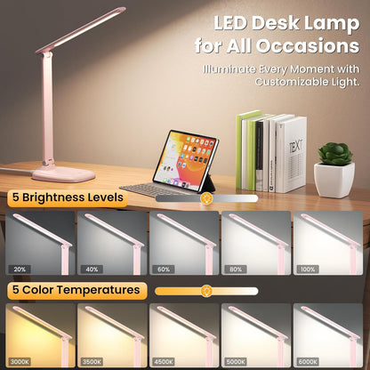 Desk Lamp with Charger, 10%-100% Stepless Dimmable & 5 Color Modes Study Lamp, Touch Control, 30-/60-minute Timer, USB Charging Output Port, CRI≥90, Eye-Caring Foldable LED Desk Lamps for Home Office