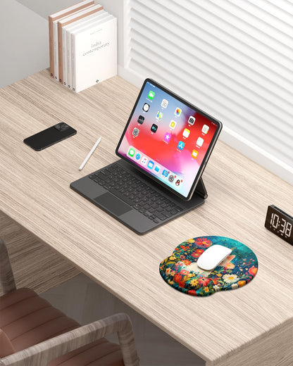 Ergonomic Mouse Pad with Wrist Rest, Comfortable Silicone Non-Slip Computer Pain Relief Gel Mouse Mat with Wrist Support for Gaming, Work, Office, Women & Men, Cute Pattern, Beige