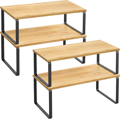 SONGMICS Cabinet Organizer Shelf, Set of 4 Kitchen Counter Shelves, Kitchen Storage, Spice Rack, Stackable, Expandable, Metal and Engineered Wood, Cloud White and Natural Beige UKCS010N01