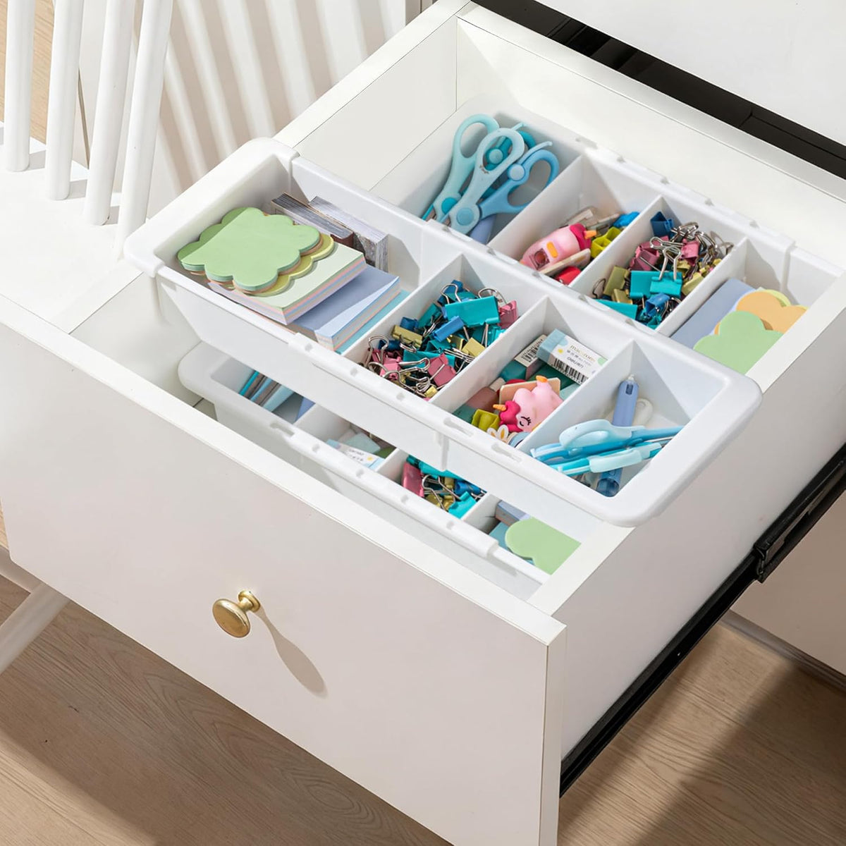 2 Pcs Expandable Drawer Organizer Bins Adjustable Deep Drawer Hanging Organizer Tray Expandable 11.4 to 18.1 Inches Plastic Dividers Storage for Office Bathroom Bedroom Kitchen Desk, White