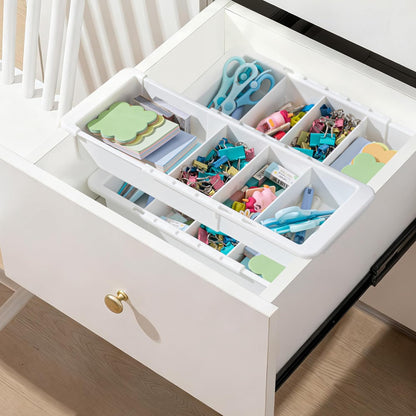 2 Pcs Expandable Drawer Organizer Bins Adjustable Deep Drawer Hanging Organizer Tray Expandable 11.4 to 18.1 Inches Plastic Dividers Storage for Office Bathroom Bedroom Kitchen Desk, White