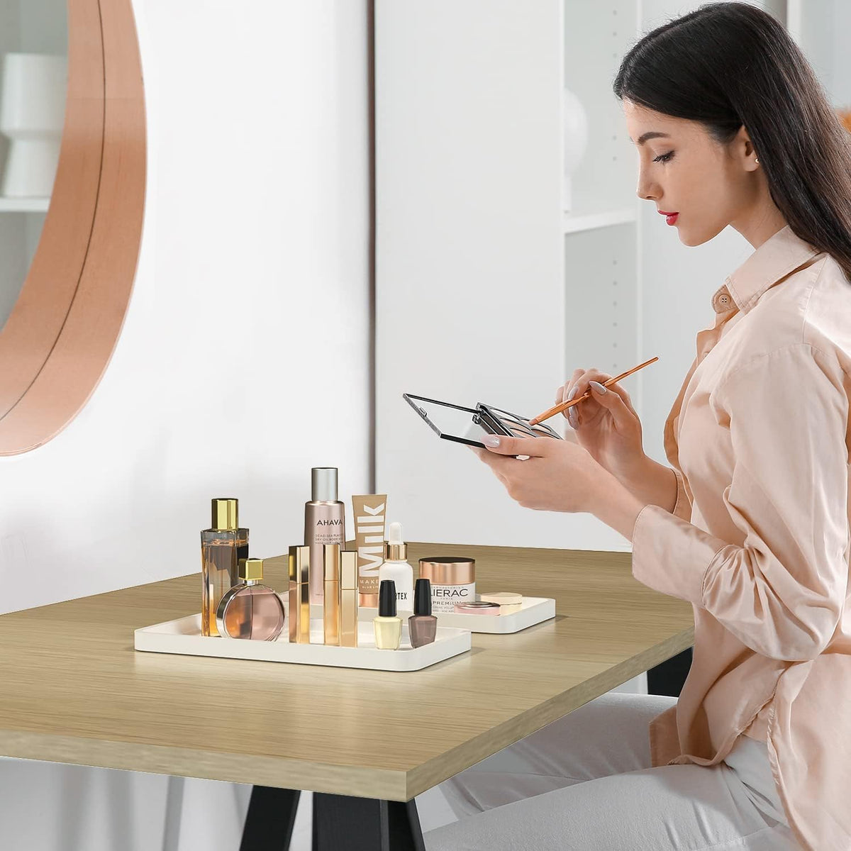 Small Bathroom Vanity Tray for Countertop Makeup Perfume Jewelry Decor Candle Keys, Small Black Kitchen Tray for Soap Dispenser Spice Bamboo Toilet Tray 7.9" L x 4" W x 0.79" H