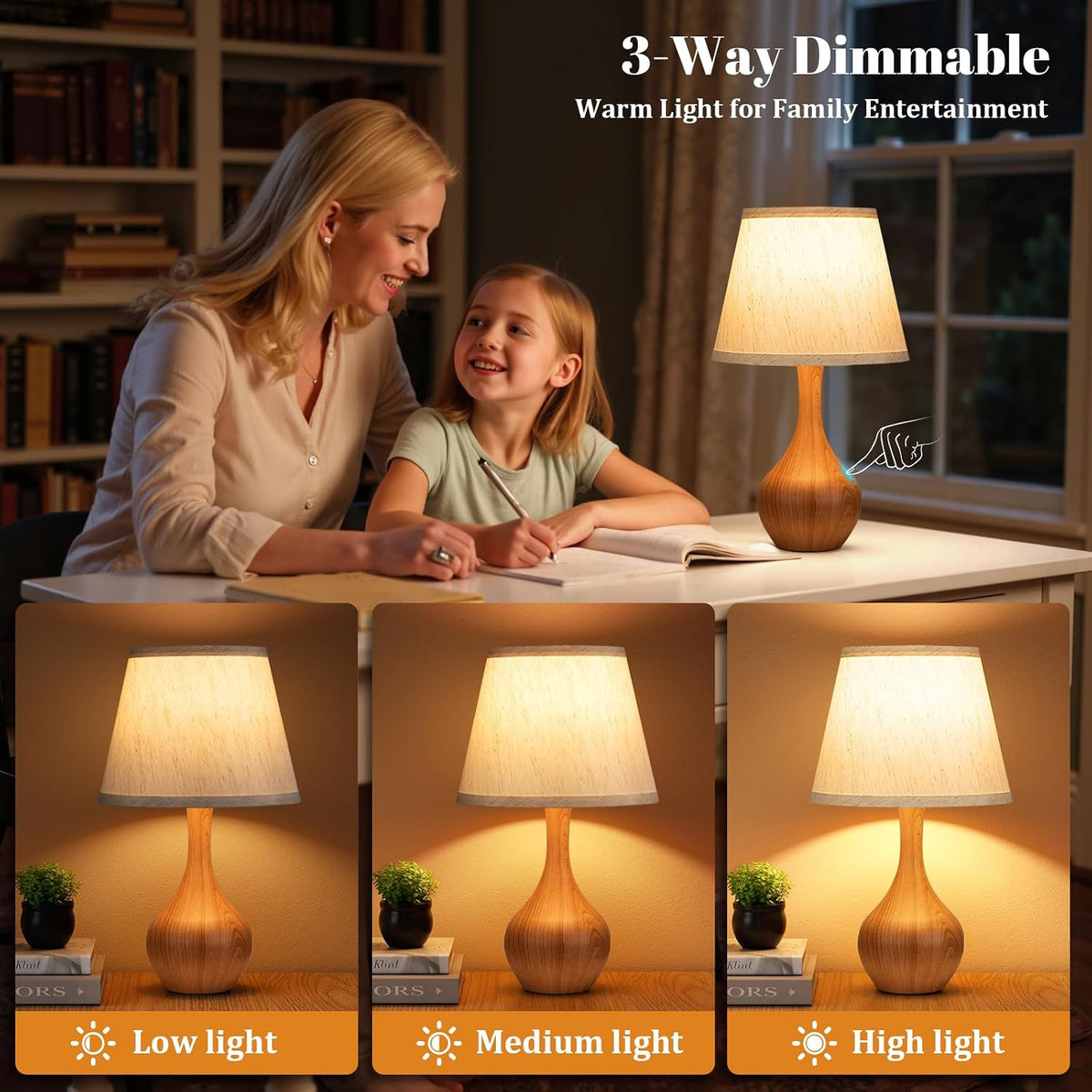 Seealle Touch Table Lamp for Bedroom, 3-Way Dimmable Small Bedside Lamps for Night Stands with Wires, Wood-Paint Desk Lamp for Kids Room, Office, Living Room, End Table(LED Bulb Included)