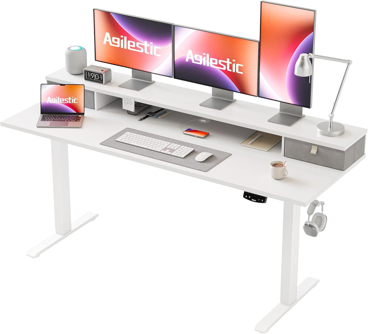 48 * 24 Inch Electric Standing Desk with Shelf & Led, Dark Walnut