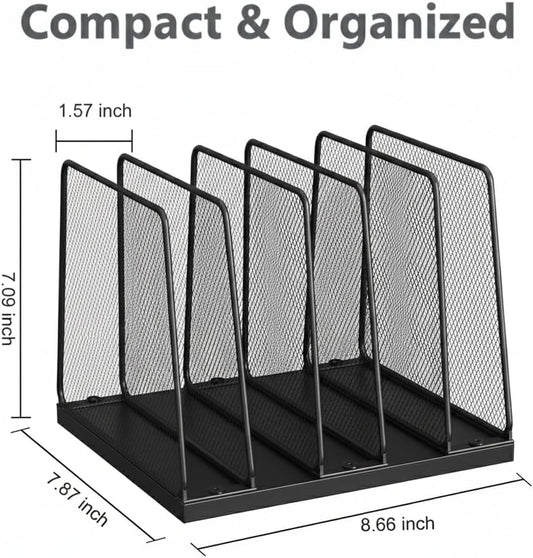 5-Section Vertical File Organizer for Desk, Sturdy Wood Base & Metal Mesh Desktop File Holder, Upright Paper Folder Sorter for Office Supplies（Rustic Brown）