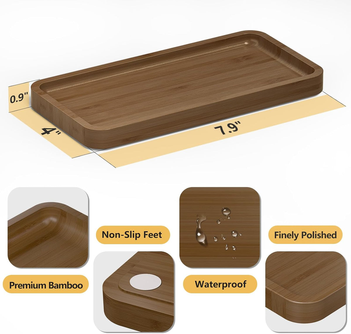 Small Bathroom Vanity Tray for Countertop Makeup Perfume Jewelry Decor Candle Keys, Small Black Kitchen Tray for Soap Dispenser Spice Bamboo Toilet Tray 7.9" L x 4" W x 0.79" H
