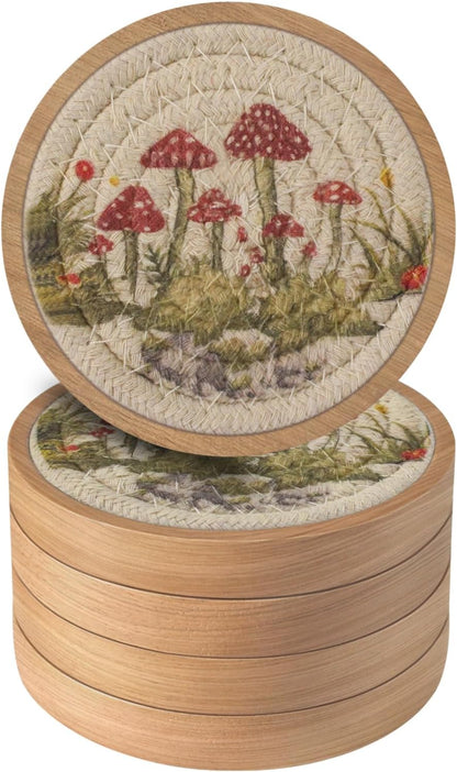 Wood Coasters for Drinks, Eykao Absorbent Coaster Sets of 5, Woven Drink Coasters for Coffee Table, Housewarming Gift for Farmhouse Home Decor,4 inches